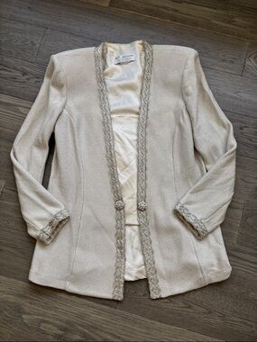 St. John |Ivory Gold Knit Open-Front Blazer with Braided Trim Jewels Small FLAWS